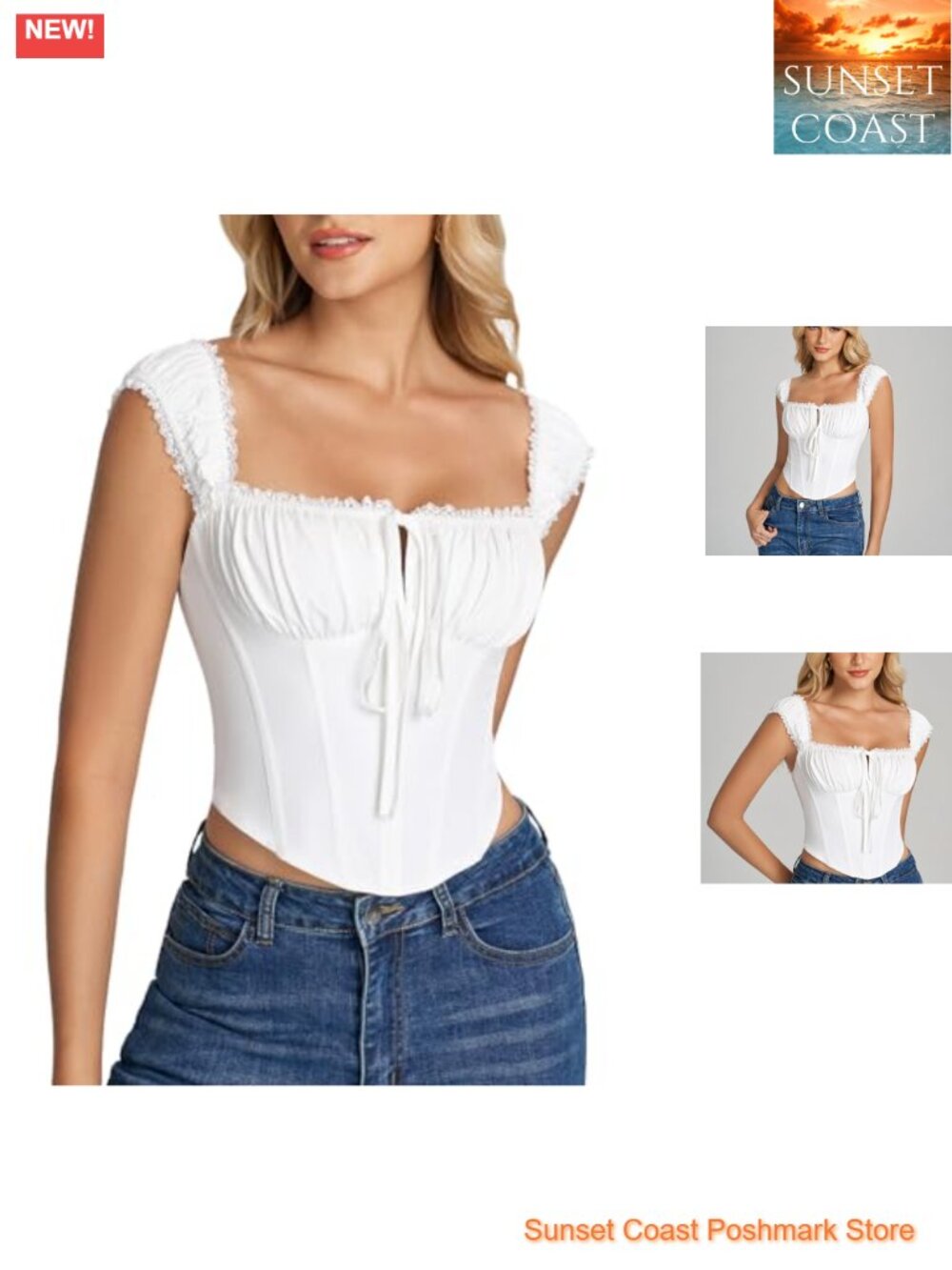 Lace Up Corset Bustier Top Square Neck Cap Sleeve Polyester Elastane Crop